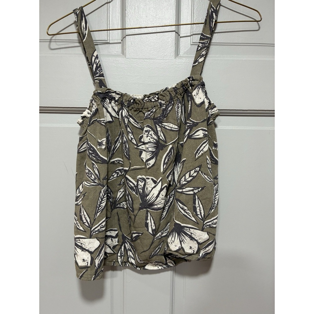 Gently Fawn Women Floral Tank Top Blouse Small Olive Green Ruched Crop Cami